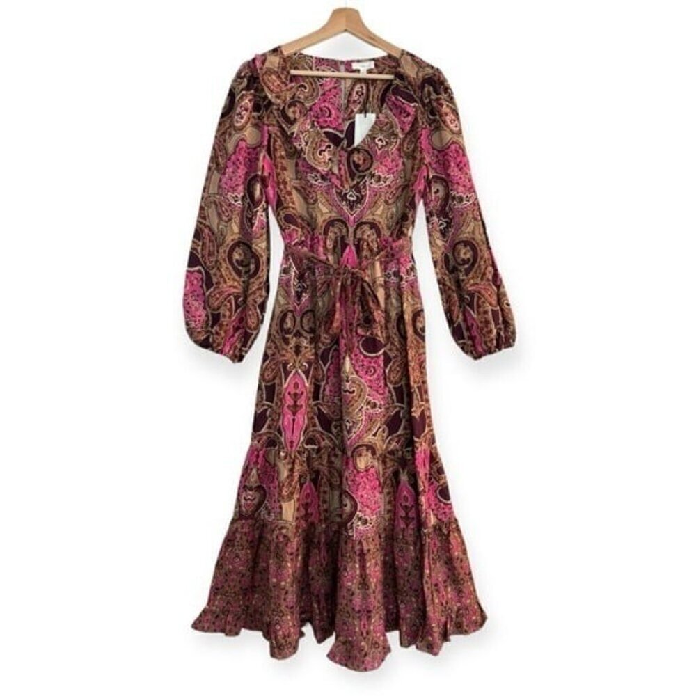 A LOVES A Paisley Printed Ruffled Linen V-Neck Maxi Dress Bohemian Size M NEW - Picture 3 of 10